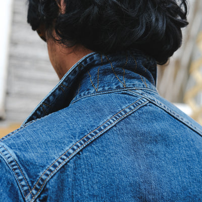 A shot of the back of the jacket showing our crossed back yoke detailing.