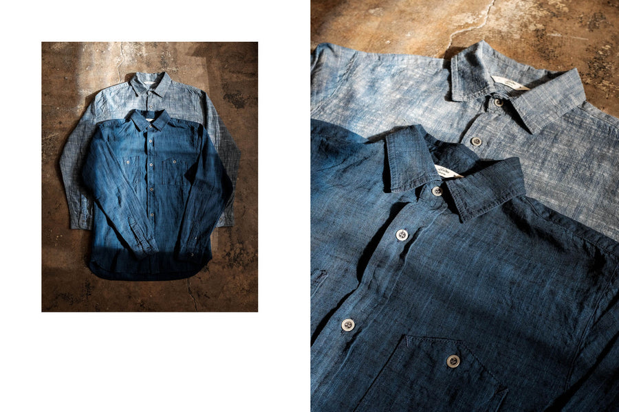 Two 3sixteen chambrays are displayed on a concrete floor while sunlight falls onto them.