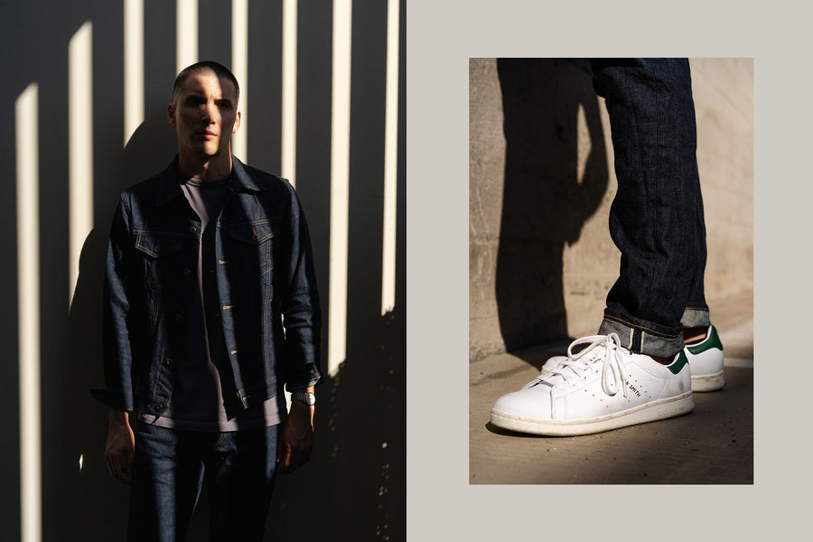 A diptych of a man wearing a denim jacket and a detail shot of the selvedge detail worn on body.