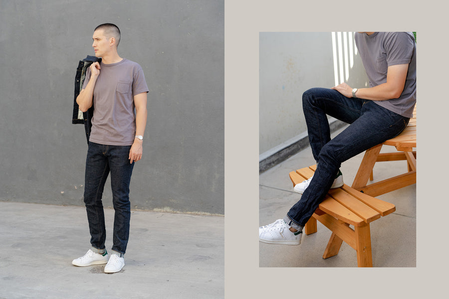 A diptych showing the NT cut worn on model.