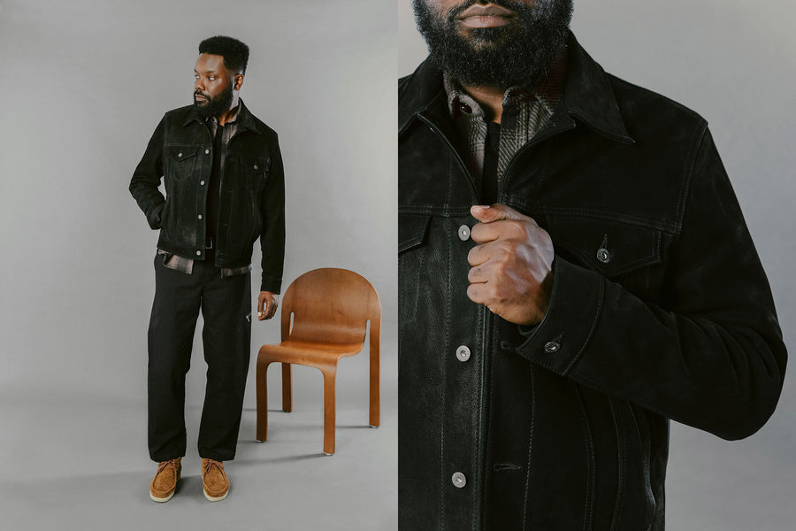 A diptych of a man in a black leather jacket looking off camera.