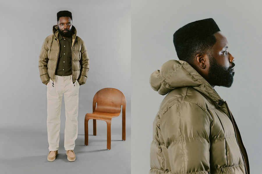 A diptych of a man in a light olive down jacket with white pants.