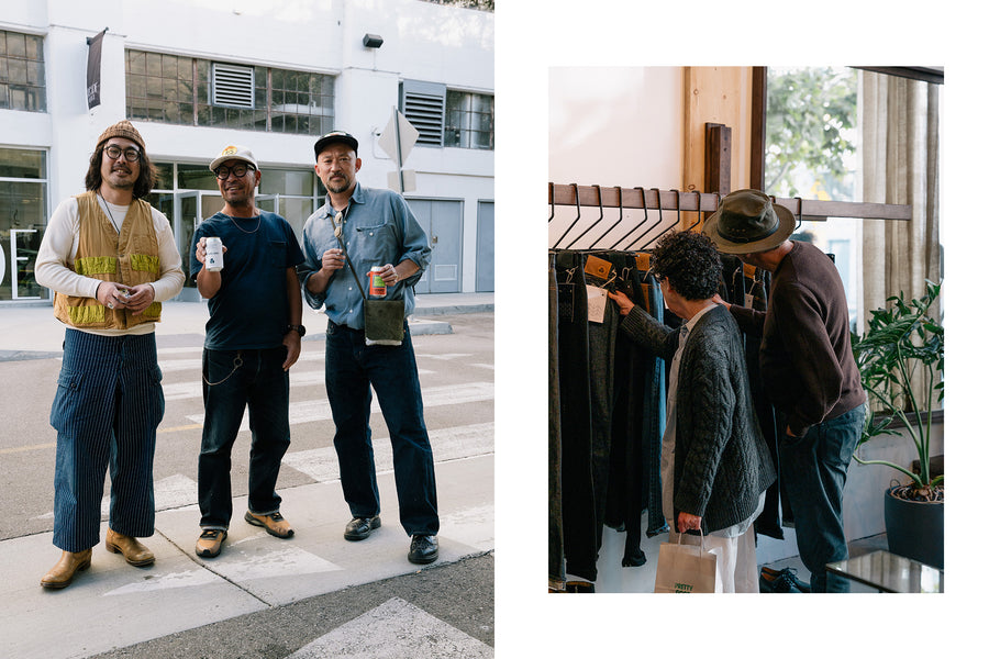 A diptych of three men outside the store, and two shoppers browsing a rack of clothes.