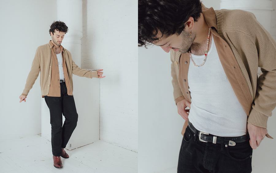 A diptych of a man in a tan cardigan and black pants.
