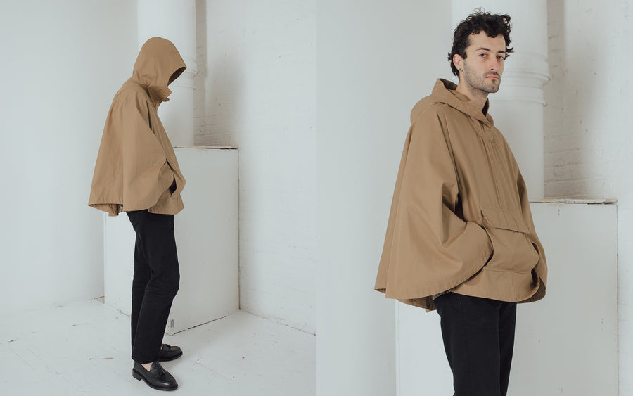 A diptych of a man in a tan colored poncho and black jeans.