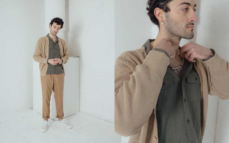 A diptych of a man in a tan cardigan, olive shirt and tan pants.