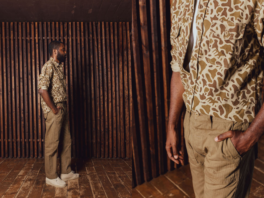 A diptych of a man in a camoflauge shirt and fatigue pants.