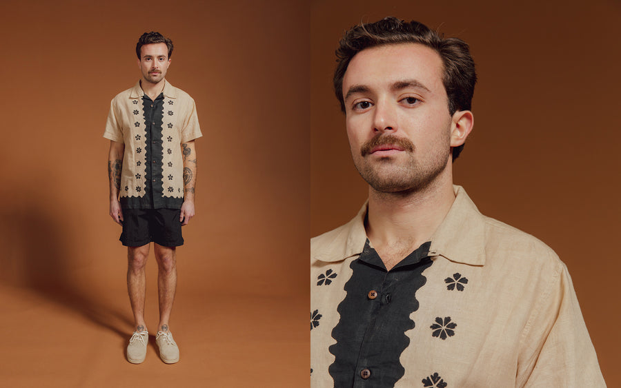 A diptych of a man in a tan and black shirt and black shorts.