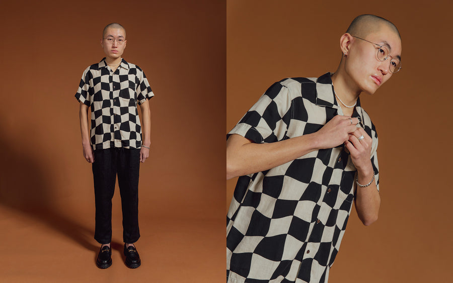 A diptych of a man in a checkered short sleeve shirt.