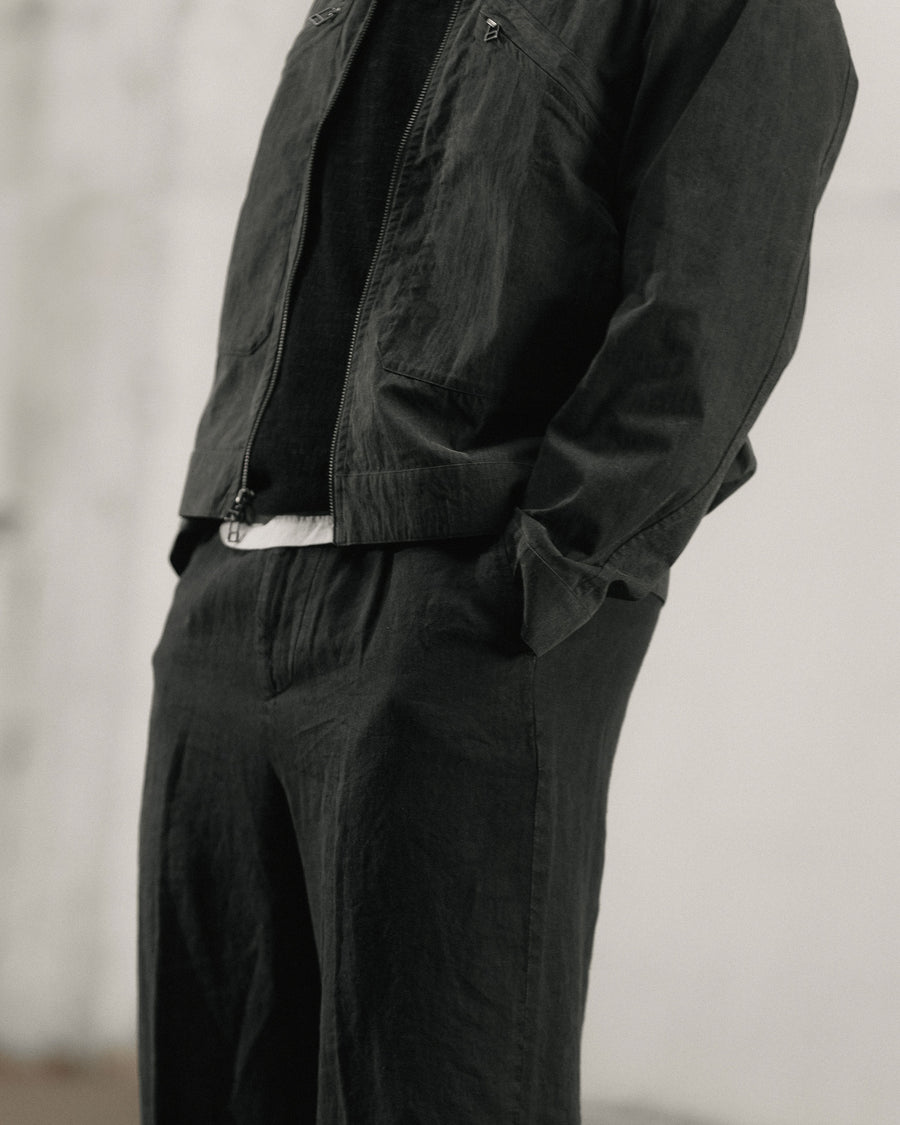 A detailed photo of a charcoal nylon jacket.