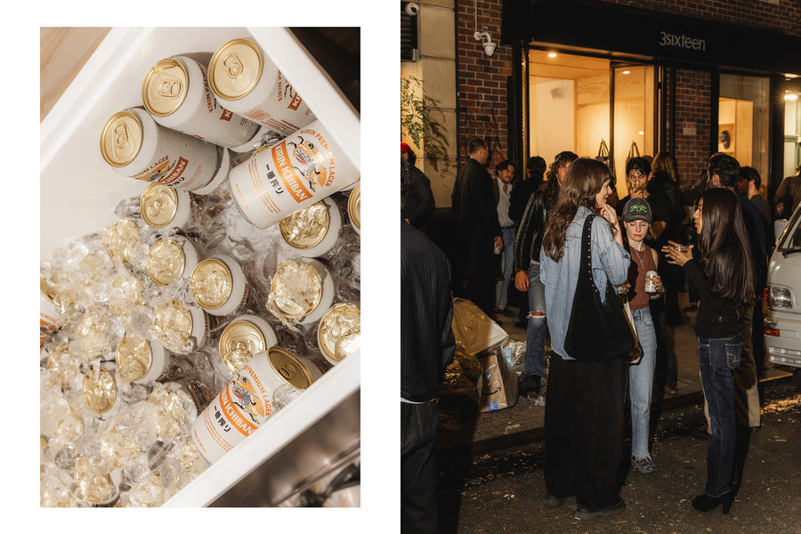 A diptych of beer and some people talking outside a store