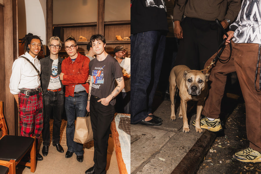 A diptych of a group of guys standing and a dog