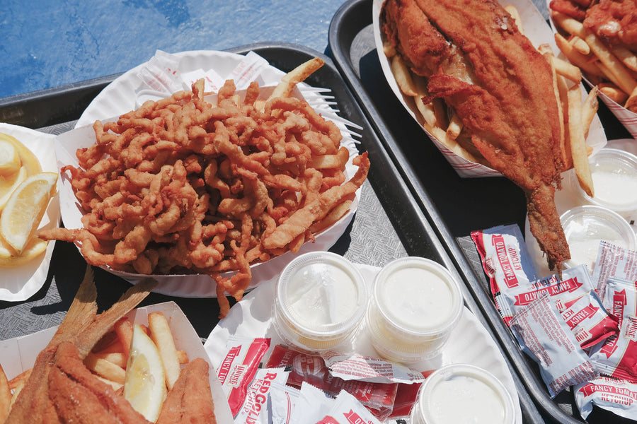 A large plate of fried seafood.