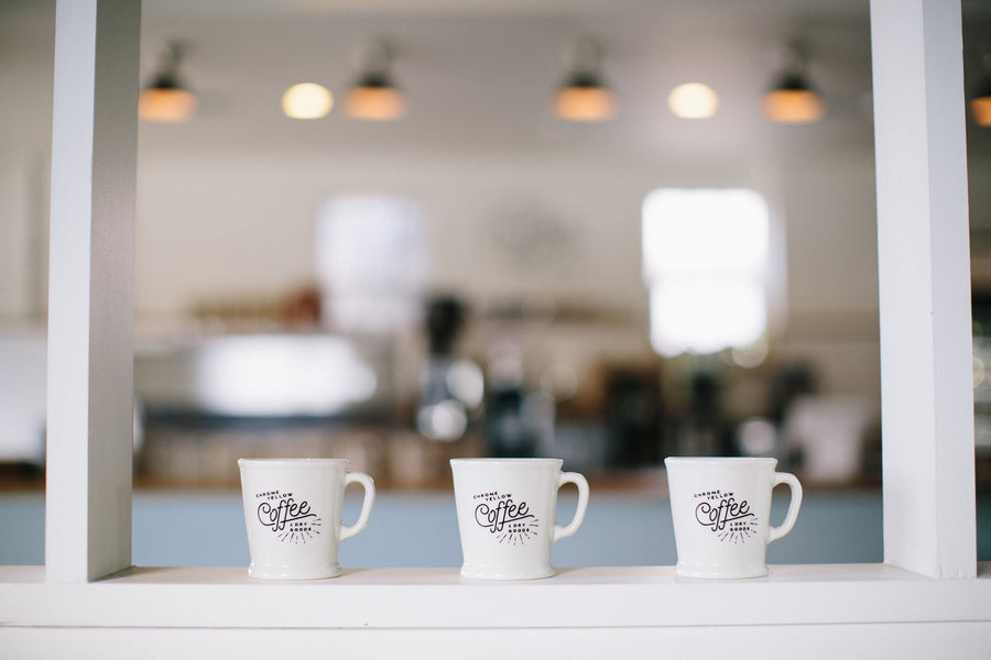 Close up of three coffee mugs.