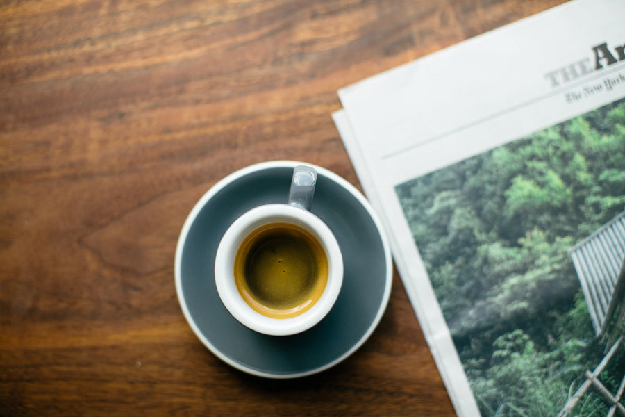 Top view of coffee in mug.