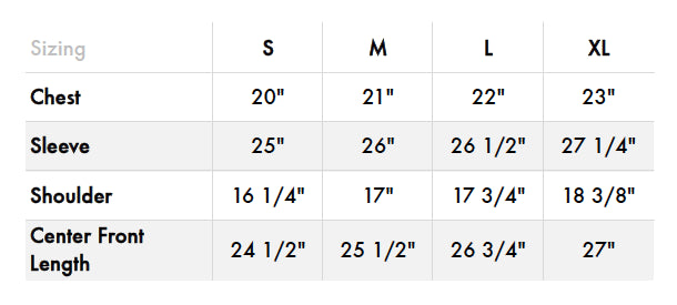 Sizing chart for the 3sixteen x Woodlands flannel