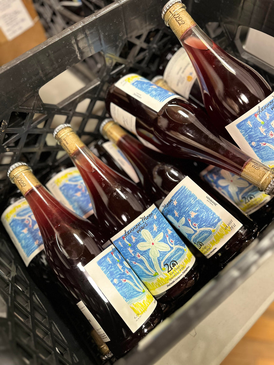 Bottles of wine in a case.