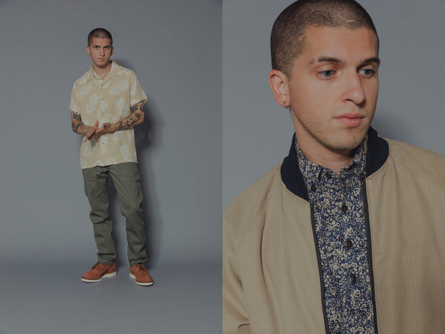 The model wears various clothing from 3sixteen's SS19 collection.