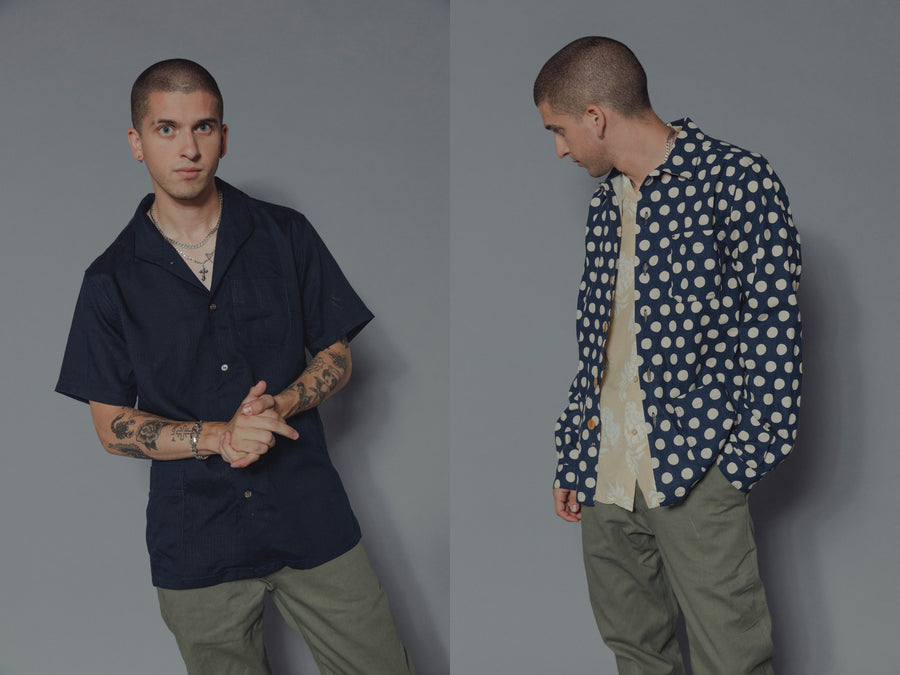 The model wears various clothing from 3sixteen's SS19 collection.