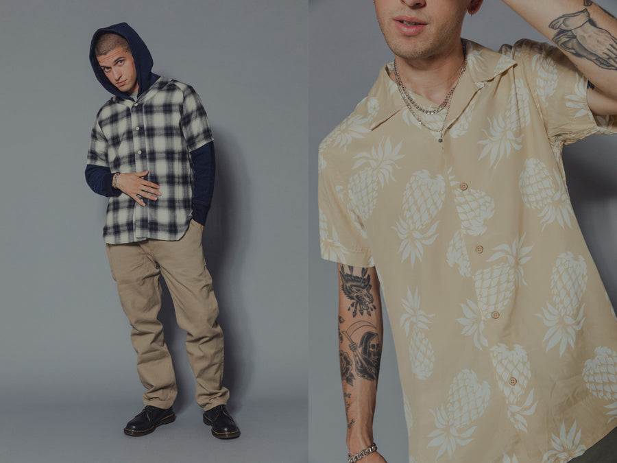 The model wears various clothing from 3sixteen's SS19 collection.