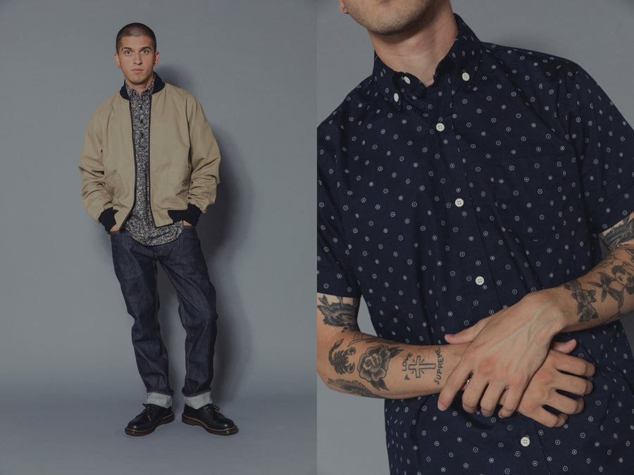 The model wears various clothing from 3sixteen's SS19 collection.