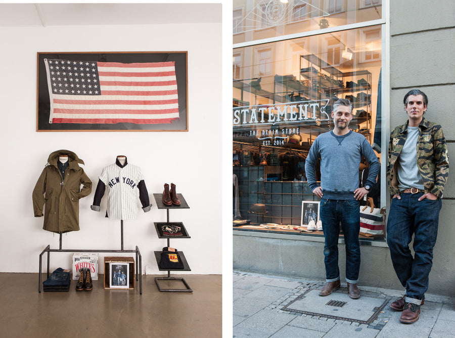 Floor display showing products carried within the Statement store. Josh and Kay, owners of statement, standing proudly outside of the shop.
