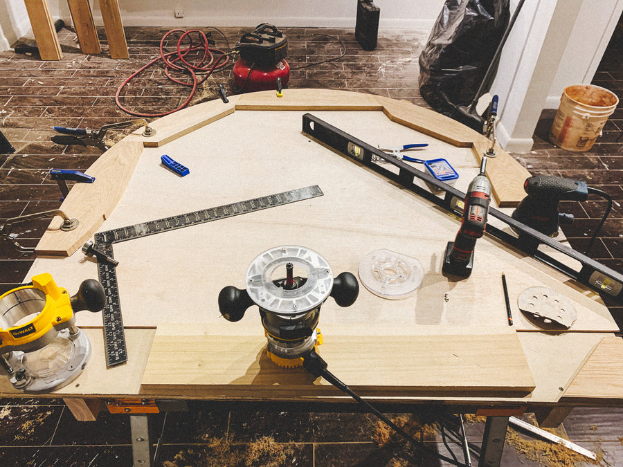 The white oak archway of the New York store under construction