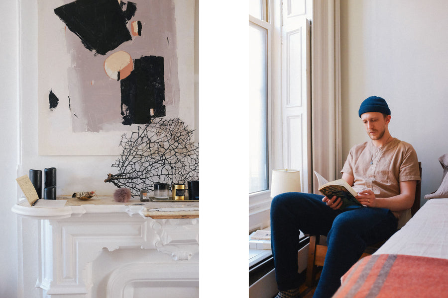 A diptych of a beautifully decorated apartment, and a man sitting in a corner by the window reading a book wearing the sweatpants.