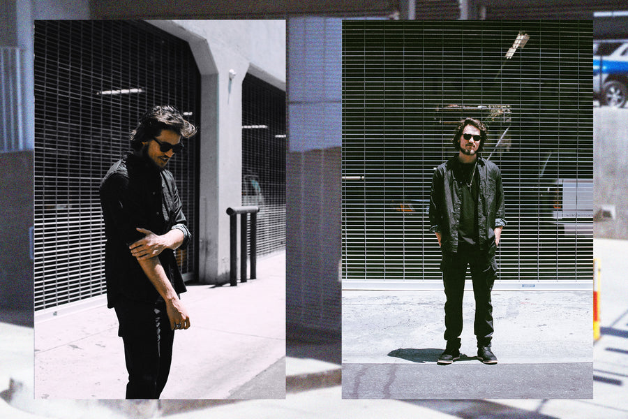 A diptych of a young man in a black button down and black cargo pants in front of a garage.