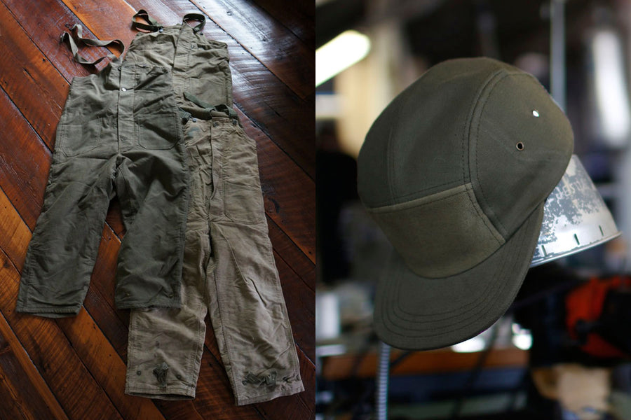 Finished hats next to an image of the USN overalls they were constructed from.