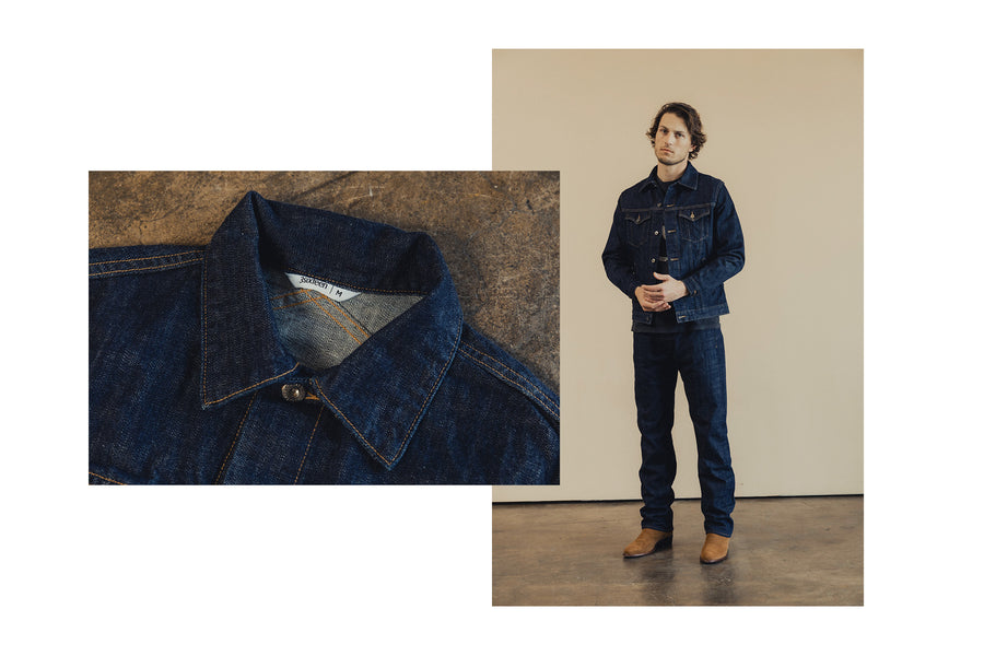 A diptych of a jacket collar and a man wearing the same navy denim jacket.