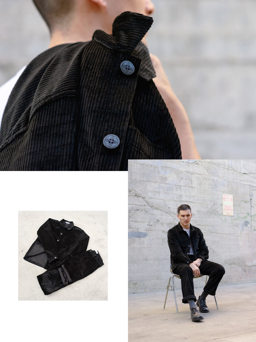 A trio of images showing details of the black 8 wale corduroy.
