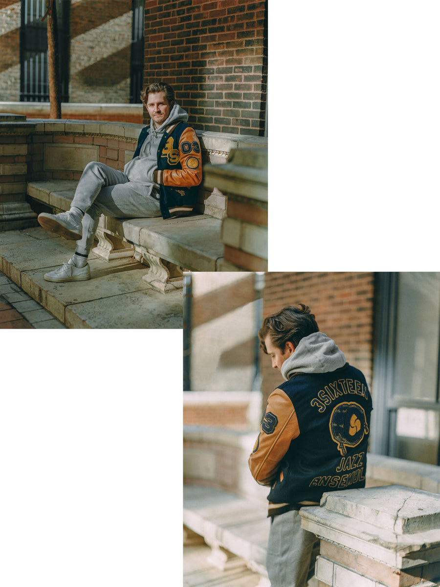 A diptych of a man in a navy varsity jacket sitting on a bench.