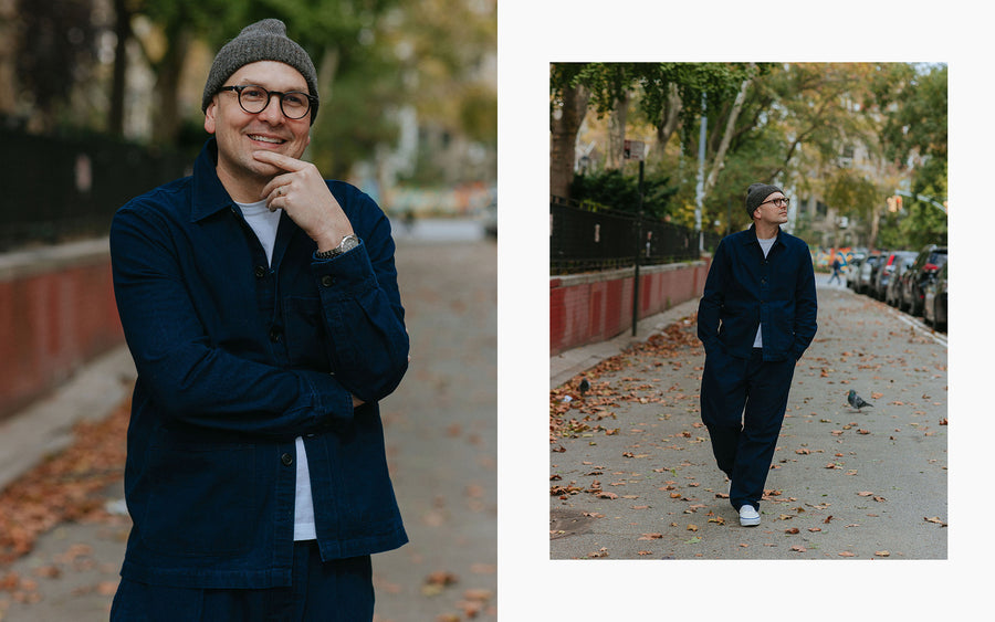 A diptych of a man in a grey knit cap and navy suit on the street.