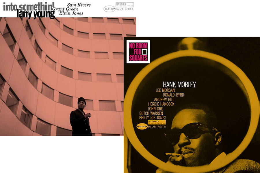 Two Blue Note Records LP covers: Larry Young's "Into Somethin" and Hank Mobley's "No Room for Squares"