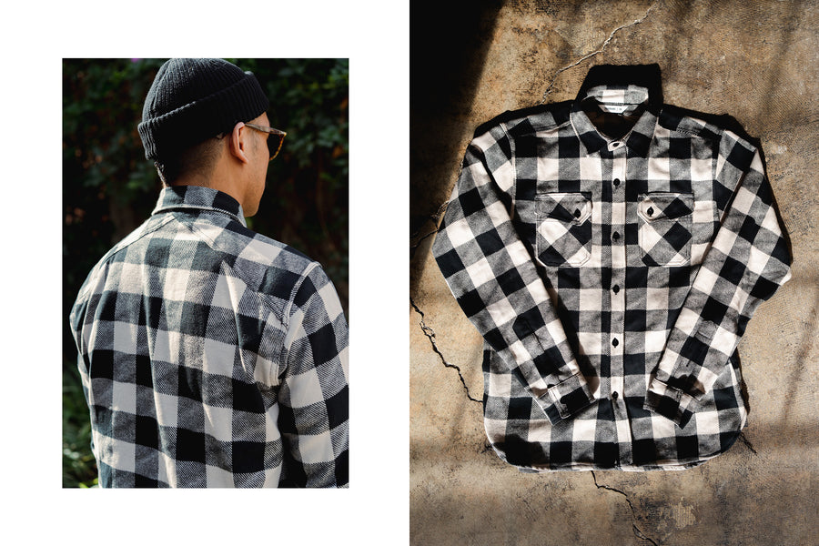 A diptych of a man wearing the white and black variant of the Crosscut Flannel.