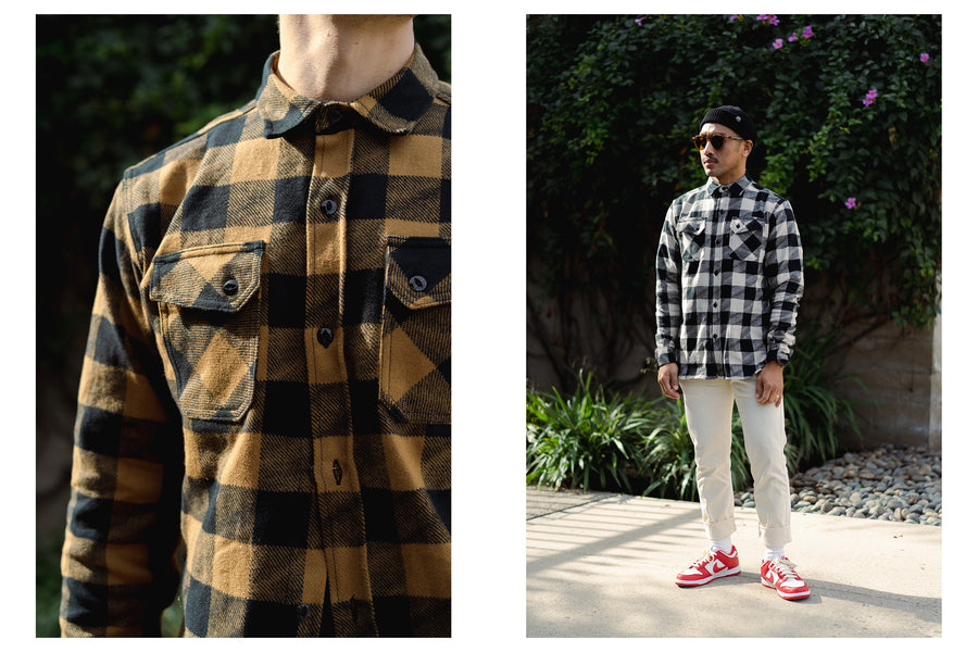A diptych of both colorways of the crosscut flannel worn on body.