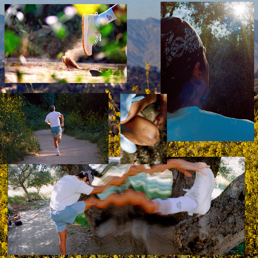 A collage of a runner wearing white sneakers running on dirt trails.