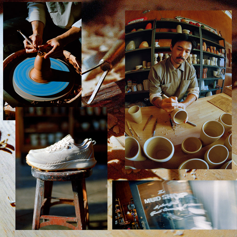 A collage of a ceramicist throwing pottery on a wheel.