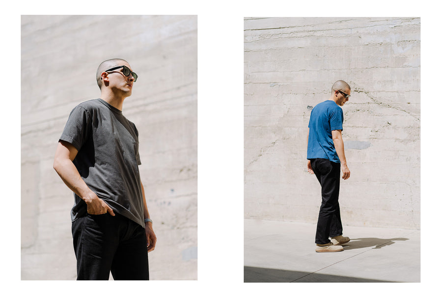 Two photos of a man wearing a garment dyed tshirt.