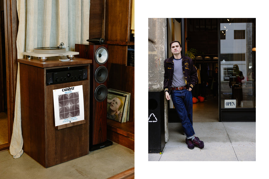 A diptych of a speaker and turntable, and a man standing in front of a store.