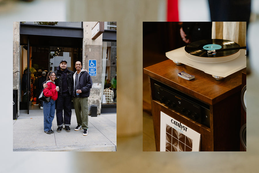 A diptych of three people standing outside a store smiling, and a photo of a turntable and expensive speaker.