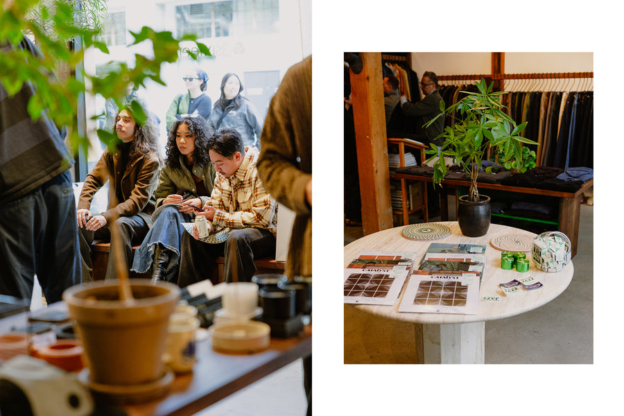 A diptych of some people sitting and listening music, and a detail shot of some records and stickers on a table.