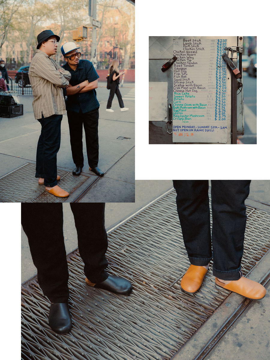 A triptych of two men in Chinatown getting meat skewers.