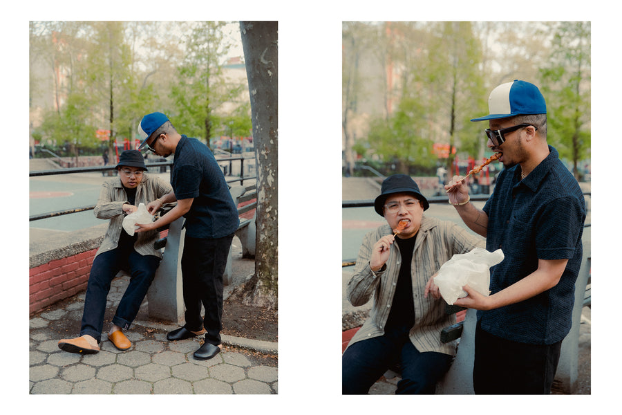 A diptych of two men eating meat skewers in a park.