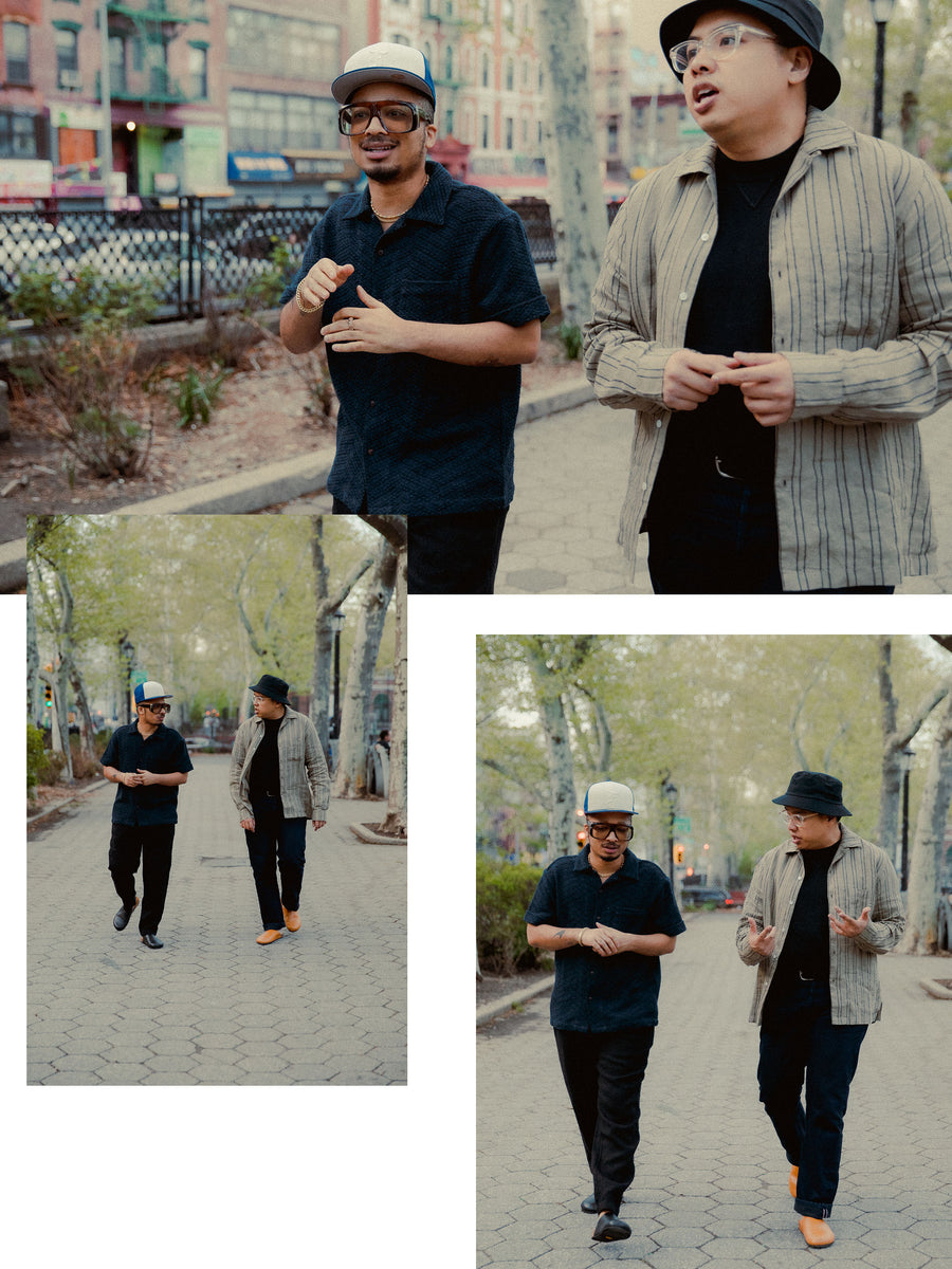 A triptych of two men walking in a cobblestoned park.