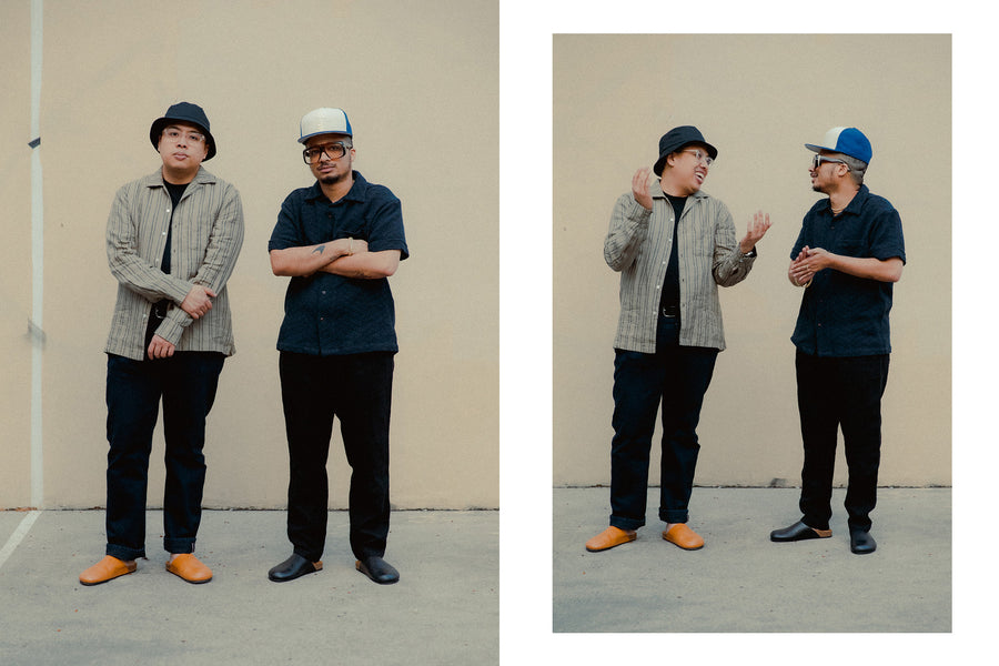 A diptych of two men standing on a handball court laughing and chatting. They are wearing nice clothes and leather mules.