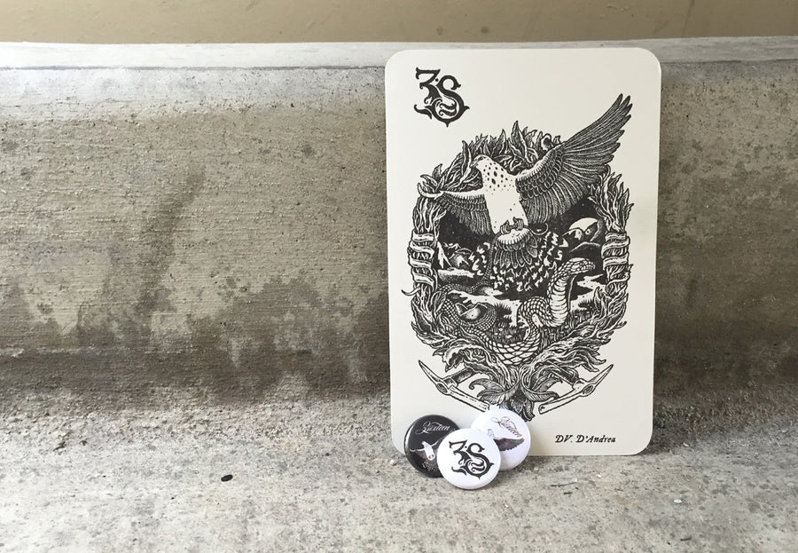 The collaborative postcard on display with some pins.