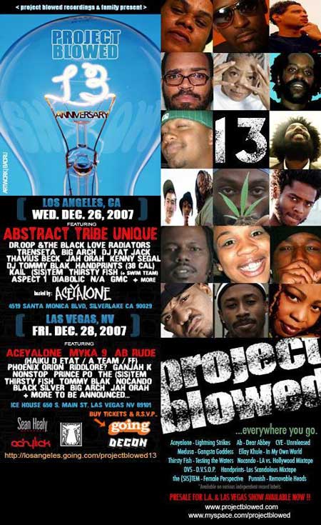 An old flyer of a Project Blowed event in 2007 listing out the various performers.