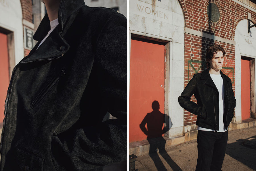 A diptych of a man wearing a black suede Schott leather jacket.